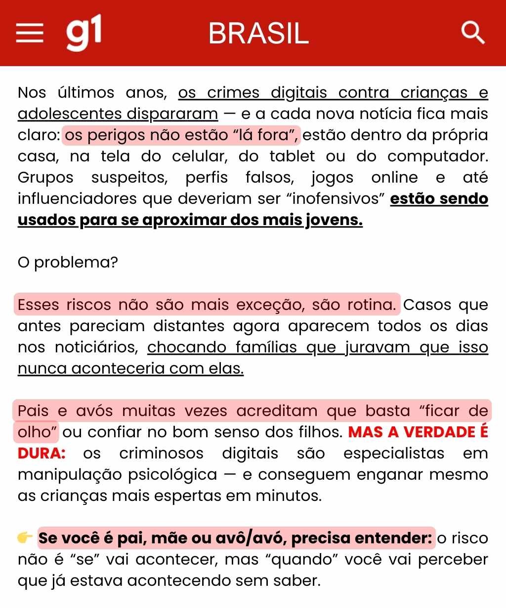 Notícia sobre perigos digitais para crianças